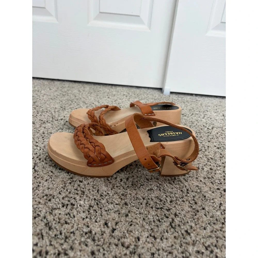 Swedish Hasbeens Sandal 38 US 8 Braided Sky High Clog Wood Heel Tan Leather FLAW